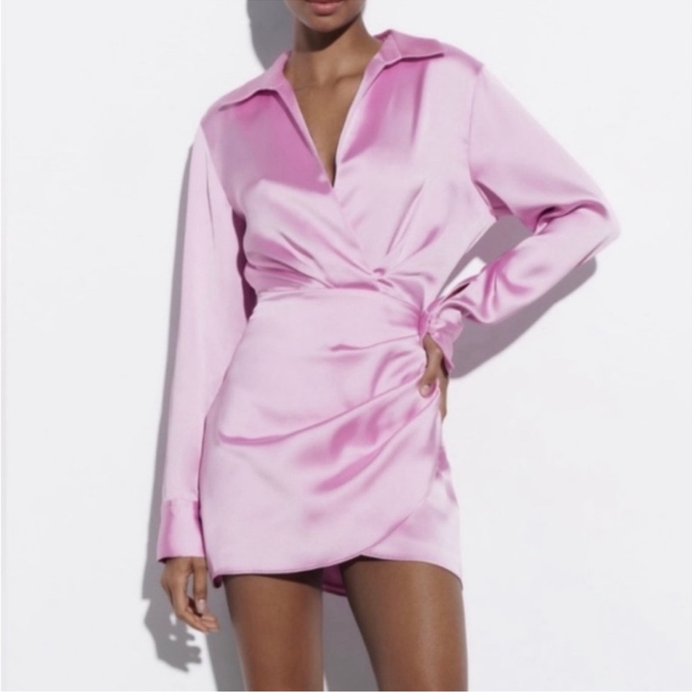 Zara Light Pink Satin Wrap-Style Mini Dress - Picture 10 of 12